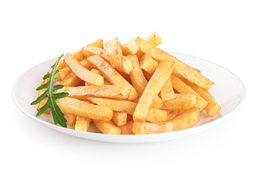 Plate with french fries and arugula isolated on white background.