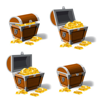 Set old pirate chests full of gold bars, vector, cartoon style, illustration, isolated. For games, advertising applications