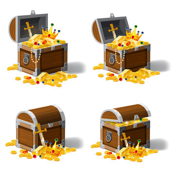Set old pirate chests full of treasures, gold coins, ingots, jewelry, crown, dagger, vector, cartoon style, illustration, isolated. For games, advertising applications