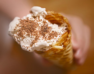waffle cone with ice cream and chocolate chips