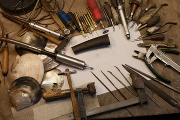 Working tools to make knife handle. Inlay for knife handle