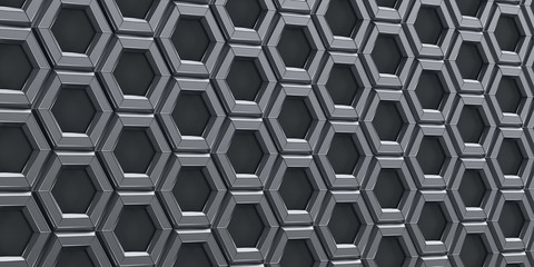 3d render illustration. Metallic hexagons on a black background.