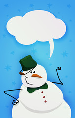 Snowman with green bucket and green bow tie.