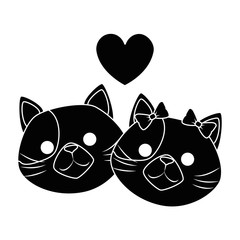 cute cats mascots head with hearts characters vector illustration design