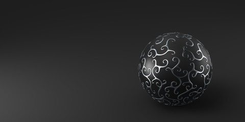 Black metal sphere with a pattern on a black background. 3d render illustration.