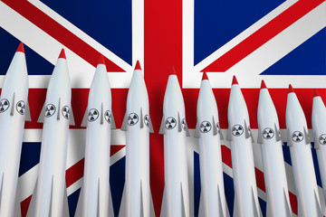 Nuclear missiles in a row and flag of United Kingdom