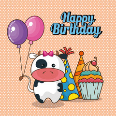 happy birthday card with cute cow vector illustration design