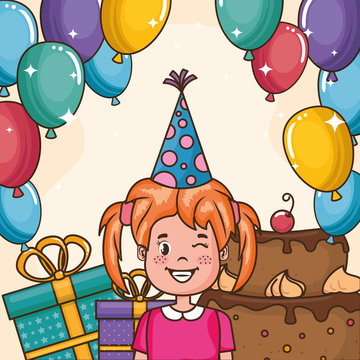 happy birthday card with little girl vector illustration design