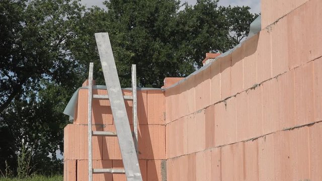 Ladder standing on brickwork 