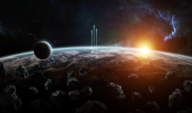 Distant planet system in space with exoplanets 3D rendering elements of this image furnished by NASA