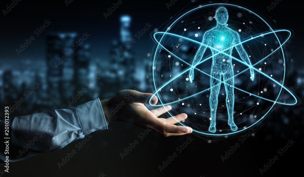 Poster businessman using digital x-ray human body scan interface 3d rendering