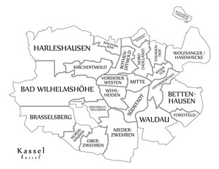 Modern City Map - Kassel city of Germany with boroughs and titles DE outline map