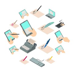 Write letter icons set. Isometric illustration of 16 write letter vector icons for web