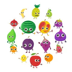 Fotobehang Lachende fruit iconen set. Beeldverhaalillustratie van 16 glimlachende fruit vectorpictogrammen voor Web © ylivdesign