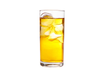 A single-colored transparent cocktail, refreshing in a tall glass with ice cubes with the taste of pear, melon, apple, apricot, peach. Side view Isolated white background. Drink for the menu