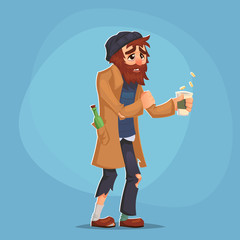 homeless Bum Poor man adult beg money and need help isolated Cartoon Design Vector Illustration social problem poverty misery