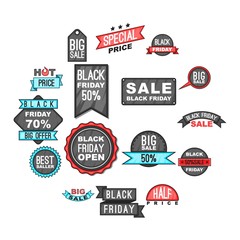 Black Friday icons set in cartoon style. Black Friday labels and badges set collection vector illustration