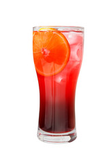A single-colored transparent cocktail, refreshing in a high glass with ice cubes, one round slice of lemon, orange, with a taste of fruits and berries. Side view Isolated white background