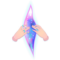 Two human hands opening gap with space inside, sacred geometry symbols. Colorful  tattoo flash design. Vector illustration isolated on white. Astrology, zodiac, fortune telling.