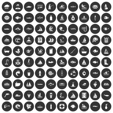100 water icons set in simple style white on black circle color isolated on white background vector illustration