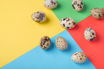 Beautiful spotted fresh quail eggs on a green, blue, yellow and red background