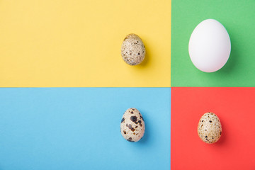 Beautiful spotted fresh quail and chicken eggs on a green, blue, yellow and red background