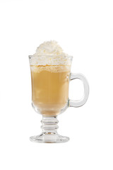 Single-color opaque cocktail, coffee with milk, cocoa, hot chocolate in a tall glass with a handle with whipped cream. Side view. Isolated white background. Drink for the menu restaurant, bar, cafe