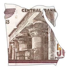 50 egyptian pound bank note full frame reverse in shape of egypt