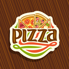 Vector logo for Italian Pizza, cut paper sign with 4 sliced pieces different kinds of pizza for pizzeria, original script for word pizza, design signage for fast food restaurant on abstract background