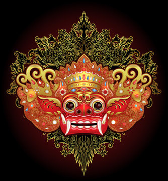 Barong. Traditional ritual Balinese mask. Vector color illustration in red, gold and black isolated. Hindu ethnic symbol, tattoo art, yoga, Bali spiritual design for t-shirt, textile.