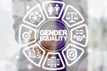 Fototapeta na wymiar Business Gender Equality Work concept. Male Equals Female. Equal Pay, Salary, Fairness, Justice and Emancipation. Businesswoman clicks on a gender equality words surrounded by specific icons.