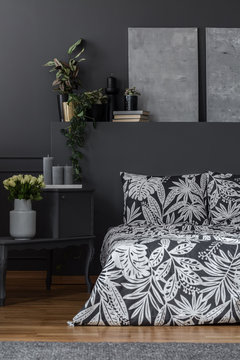 Grey patterned bedroom interior