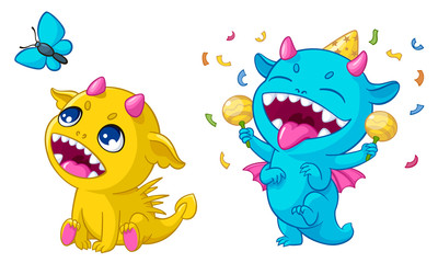 Fototapeta premium Dinosaurs monsters cartoon vector illustration for kid Happy Birthday greeting card or T-shirt print design template. Cute funny bright baby monster creatures playing with butterfly or beanbag