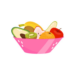 Fresh ripe fruits in pink glass vase, healthy lifestyle and diet concept vector Illustration on a white background