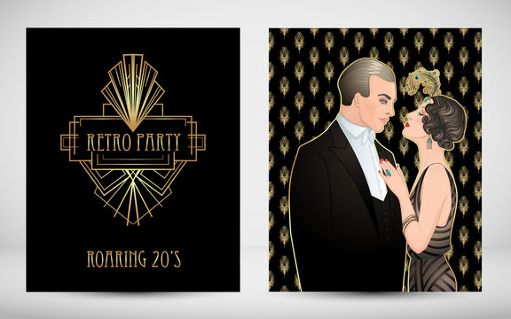Flapper 20's style. Vintage party or thematic wedding invitation design template. Beautiful couple in art deco style. Retro fashion: glamour man and woman of twenties.