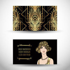 Art deco style business card. Sample Text. Abstract vintage patterns and flapper girl. Retro party geometric background set (1920's style). Vector illustration for glamour party.