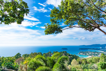Scenic forest wilderness landscape with blue sky of Phuket National Park with blue surface of west sea district of Thailand.