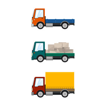 Set of Cargo Trucks Isolated on White, Orange Lorry without Load, Car with Boxes, Small Closed Truck, Transportation and Logistics, Delivery Services, Vector Illustration