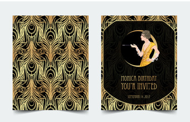 Art Deco vintage invitation template design with illustration of flapper girl. patterns and frames. Retro party background set (1920's style). Glamour event, thematic wedding or jazz party.