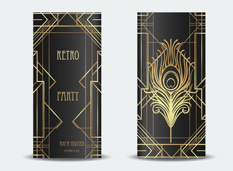 Art Deco vintage invitation template design with illustration of flapper girl. patterns and frames. Retro party background set (1920's style). Glamour event, thematic wedding or jazz party.