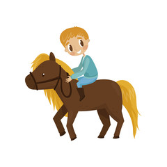 Litlle boy riding a brown horse, equestrian sport concept cartoon vector Illustration on a white background
