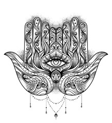 Ornate hand drawn hamsa. Popular Arabic and Jewish amulet. Vector illustration isolated on white. Tattoo design, mystic symbol. coloring book for adults.