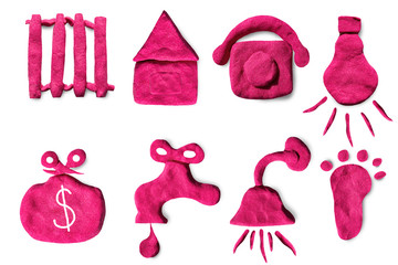 Symbols of colored plastic children's sand, signs of utility payments, set of stylized icons