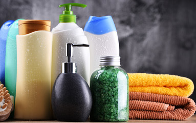 Plastic bottles of body care and beauty products