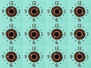 Coffee cup and roasted beans arranged as clock face on blue background, top view. Coffee time symbol. Interesting idea energy and refreshment concept.