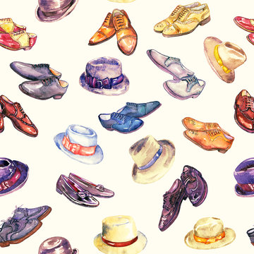 Gentlemen`s shoes and hats collection, hand painted watercolor illustration, seamless pattern design on soft yellow