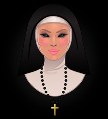 Catholic nun with empty creepy eyes. Halloween character concept. Mystic beautiful girl, gothic evil witch. Mysticism, religion, spirituality, occultism. Isolated color vector illustration