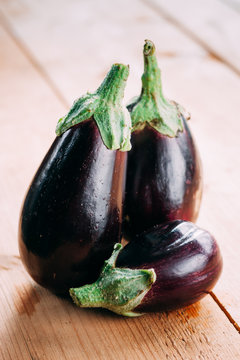 Healthy Organic Vegetables Two Eggplants On A Wooden Table