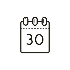 black and white linear icon of the tear-off calendar with number thirty