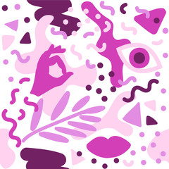 Abstract modern background with hand, eye and lips in pink.